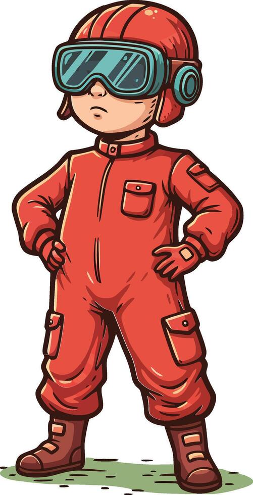 Child in red aviator suit with helmet and goggles standing confidently outdoors in cartoon style vector