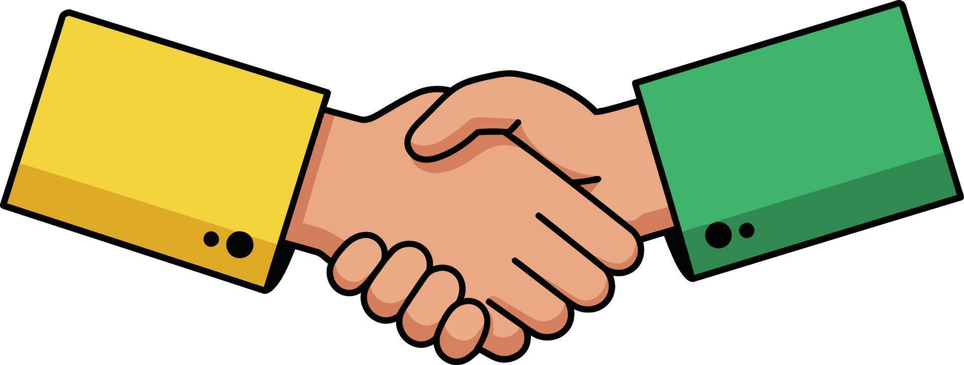 Handshake symbolizing agreement and partnership in business and social interaction with yellow and green sleeves vector