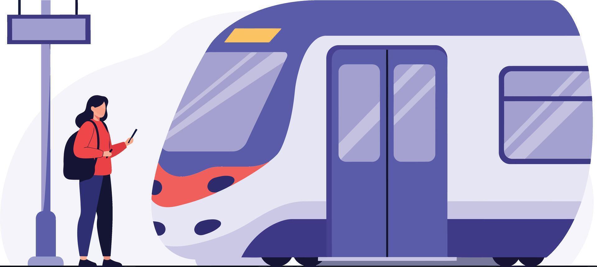 Passenger waiting for modern train at station platform with backpack and smartphone in urban setting vector