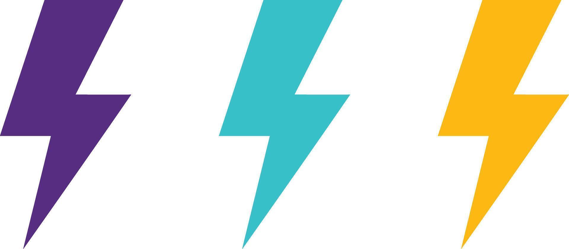 Colorful lightning bolt icons in purple cyan and yellow bright energy symbols for power and electricity vector