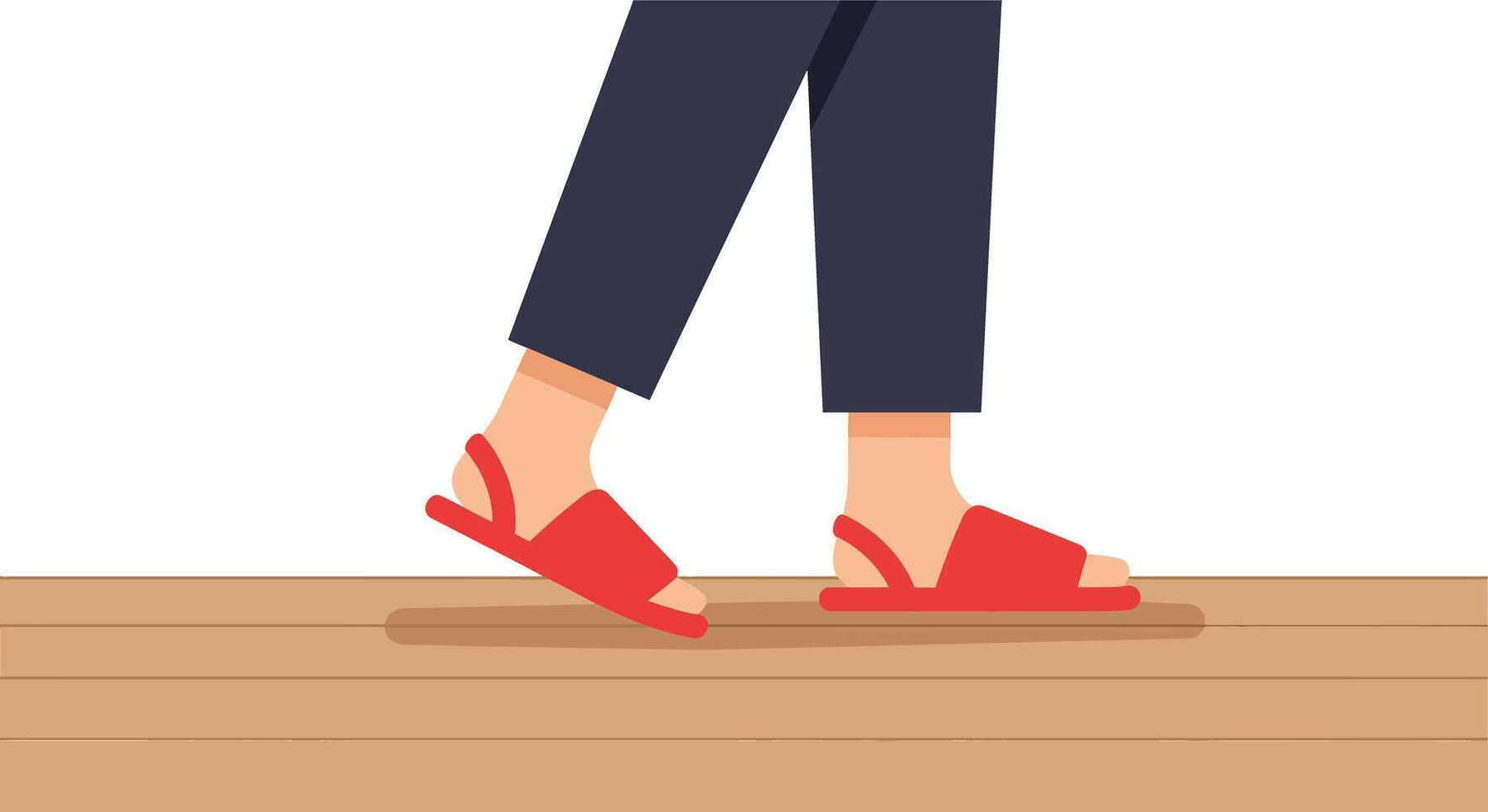 Feet walking on wooden floor wearing red sandals casual footwear style illustration vector