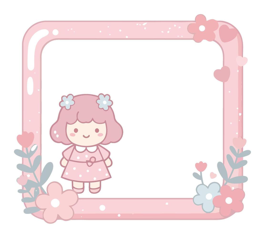 Cute pink cartoon girl with floral frame and small bunny illustration for children design and decoration vector