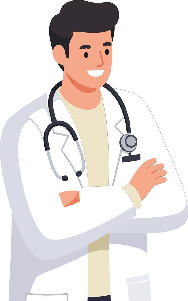 Male doctor wearing white coat and stethoscope standing confidently in medical environment smiling vector
