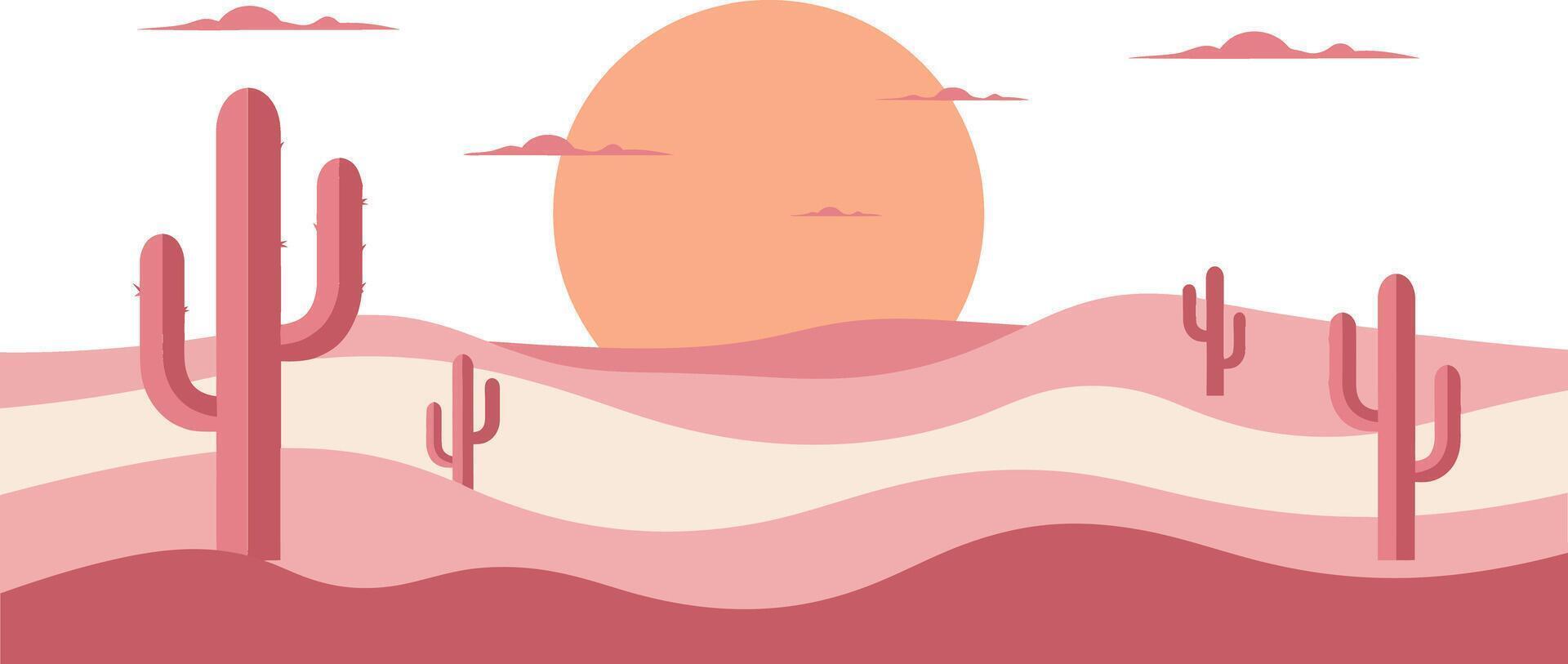Desert landscape with cactus plants and sun setting over rolling hills in warm pink tones illustration vector
