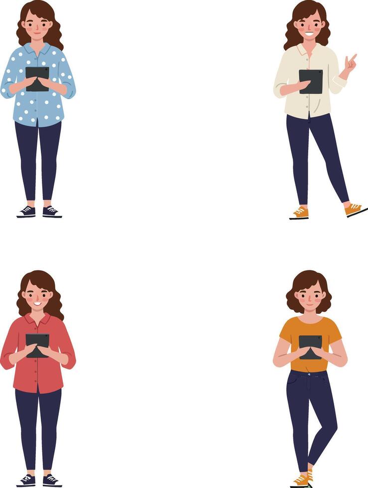 Young women using smartphones in casual clothing standing on green backgrounds illustration collection vector