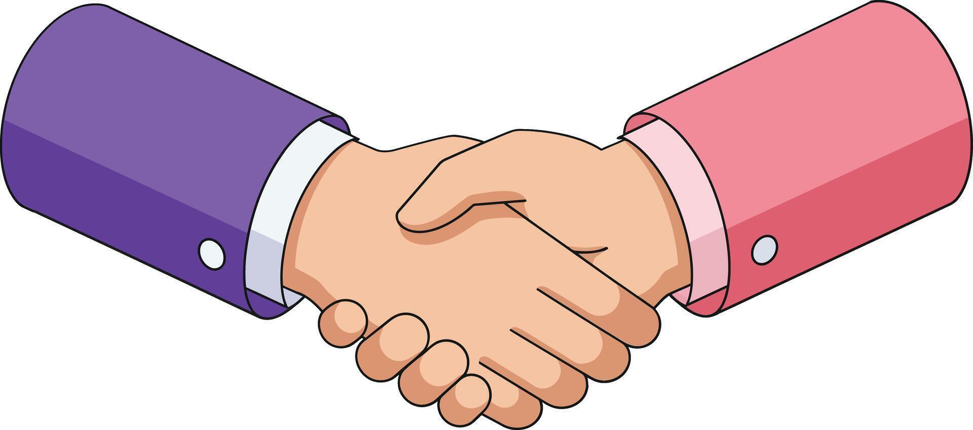 Handshake gesture symbolizing agreement and partnership in business communication with colorful sleeves and simple design vector