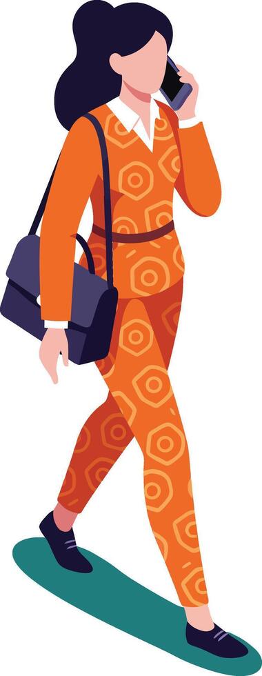 Woman walking and talking on phone in orange outfit with bag casual urban style illustration vector