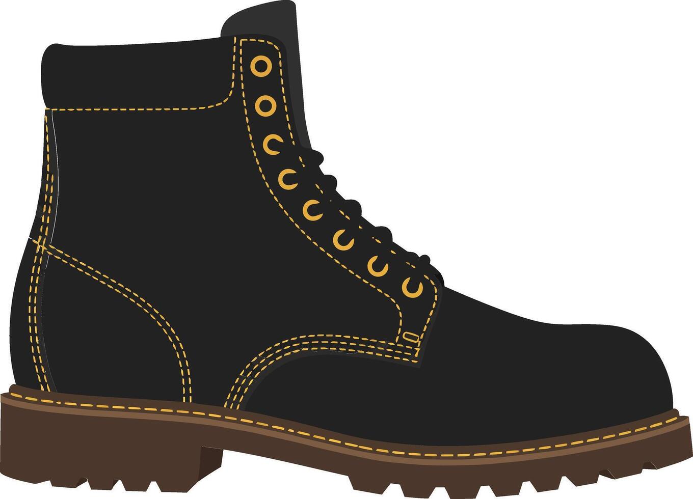 Black leather boot with brown sole and yellow stitching detailed illustration for fashion and footwear design ideas vector