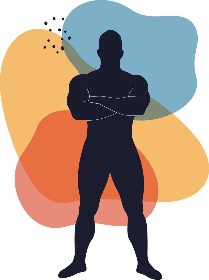 Silhouette of muscular man standing with crossed arms in front of abstract multicolor shapes illustration vector