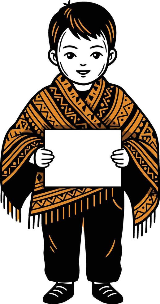 Child holding blank sign wearing patterned poncho with fringe in black and orange colors vector