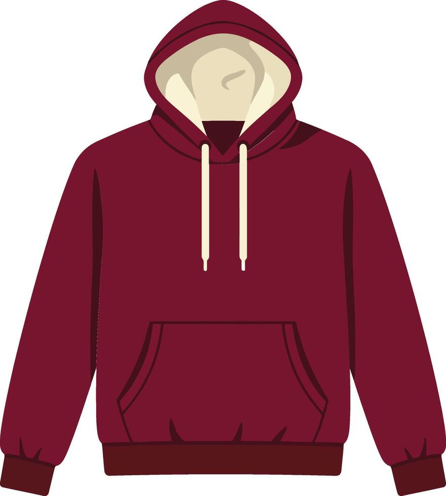Maroon hoodie with cream inner lining and white drawstrings isolated on white background for casual comfort and style vector