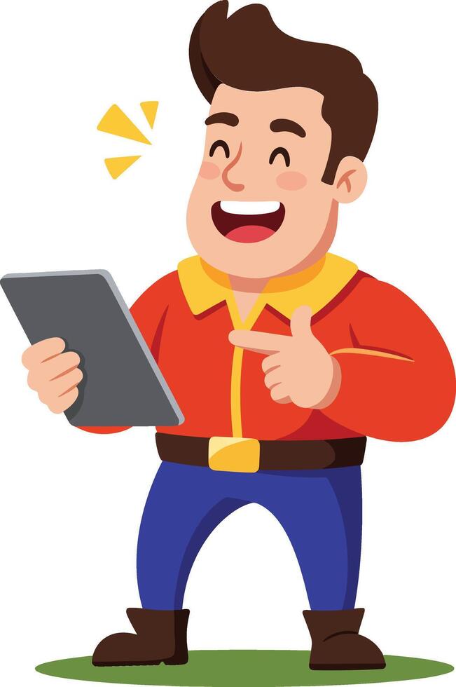 Happy man using tablet device smiling and pointing at screen in casual clothes illustration vector