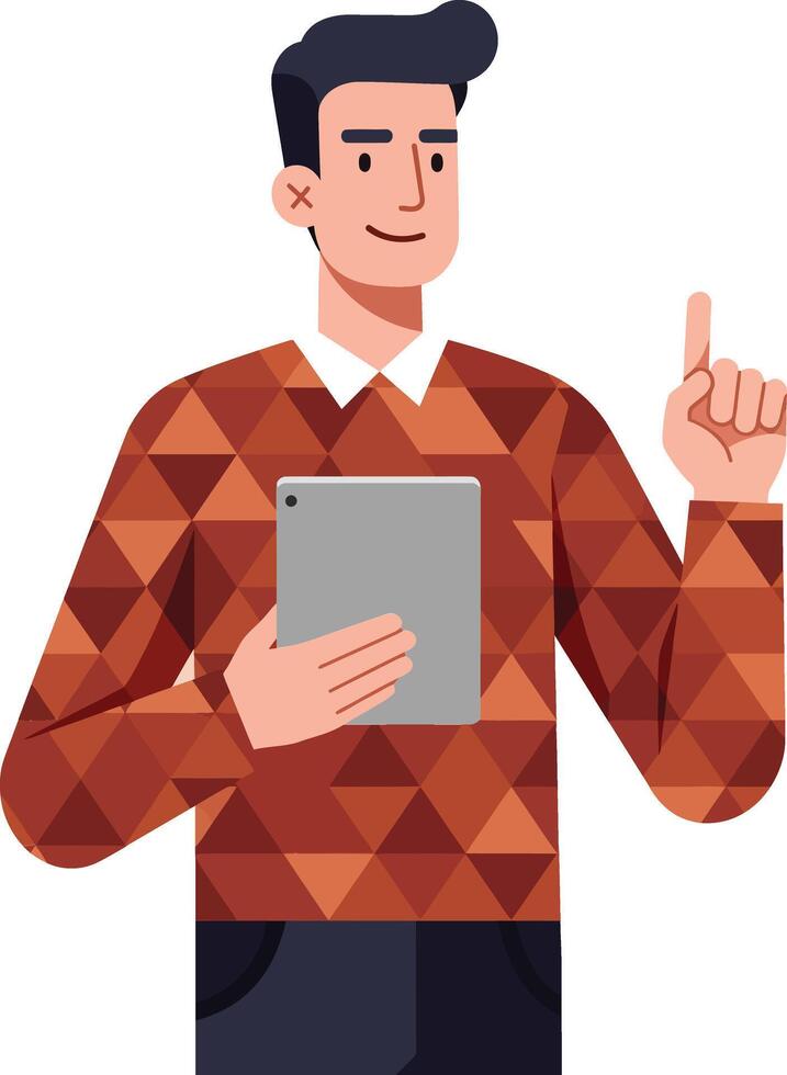 Young man holding tablet and pointing finger digital device user with geometric sweater illustration vector