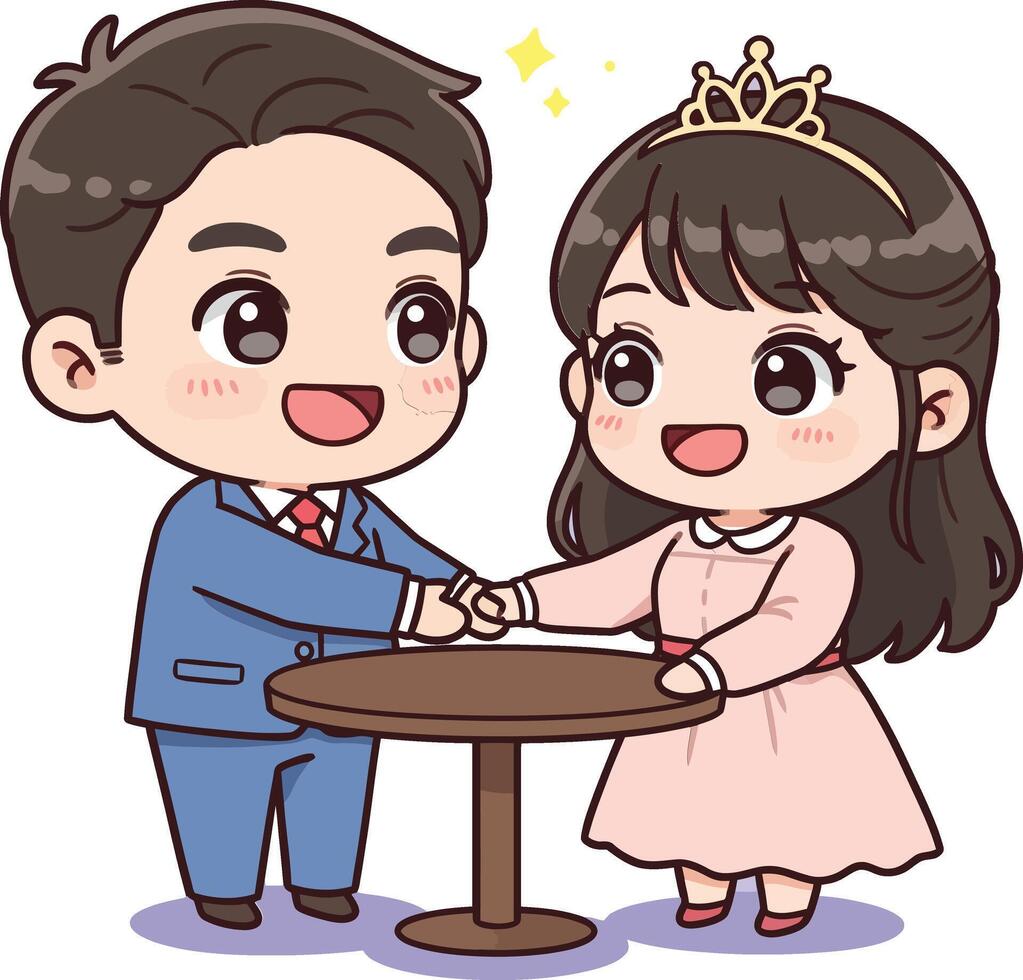 Cute couple shaking hands at a round table wearing formal clothes illustration with soft purple background vector