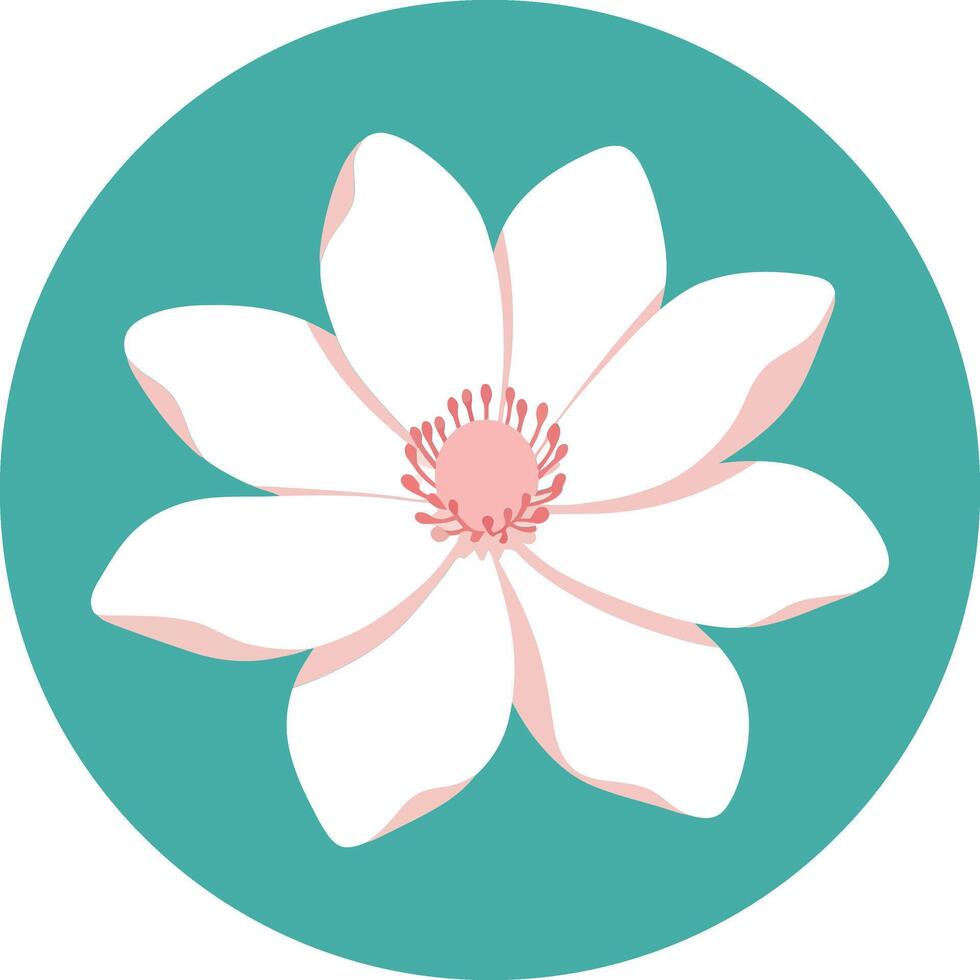 Simple white flower icon with pink details on teal background in minimalist style for design and decoration vector