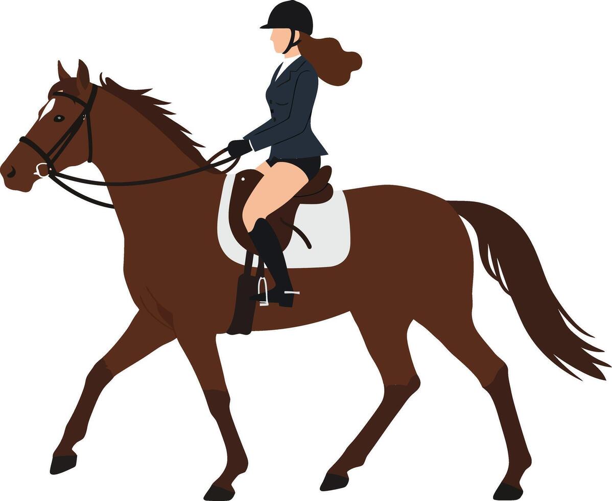 Equestrian woman riding brown horse in black outfit with helmet and boots outdoor activity vector