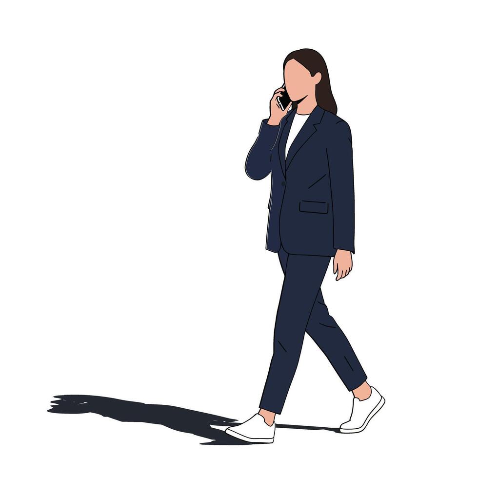 Businesswoman walking and talking on mobile phone in navy suit and white shoes illustration vector