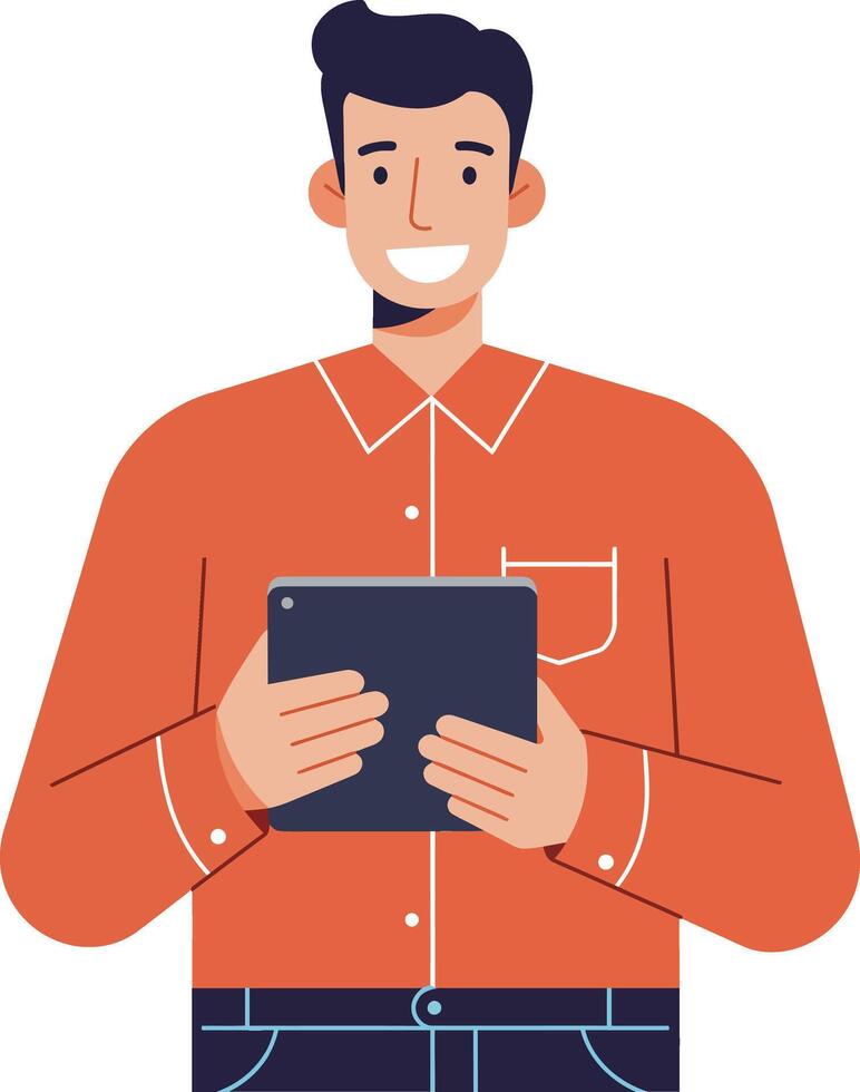 Young man using digital tablet in casual orange shirt with happy expression illustration vector
