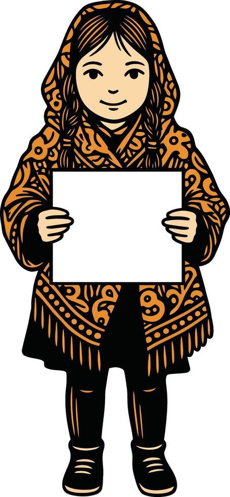 Young girl holding blank white sign wearing patterned orange shawl and black boots illustration vector