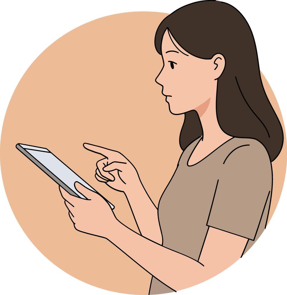 Woman using digital tablet touchscreen for work or leisure technology interaction illustration vector