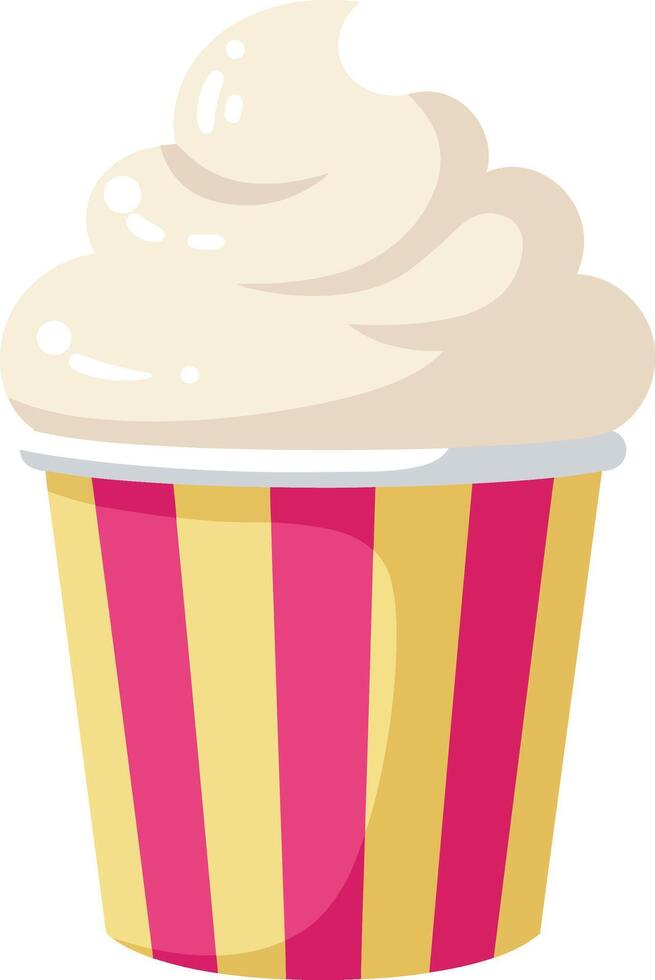 Cupcake with white frosting in red and yellow striped paper cup dessert treat illustration vector