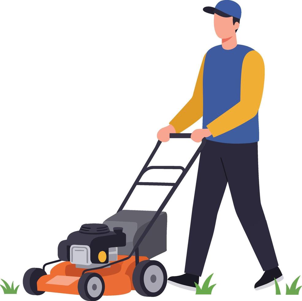 Man mowing lawn with orange lawnmower in casual clothing performing yard work outdoors vector