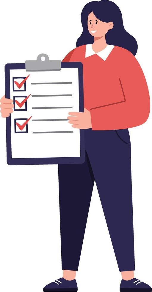 Woman holding checklist clipboard with task list in casual clothing standing isolated illustration vector