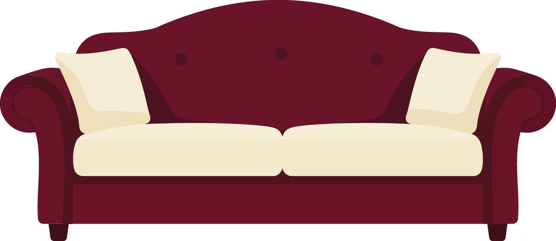 Comfortable burgundy red sofa with cream cushions in modern interior design setting vector
