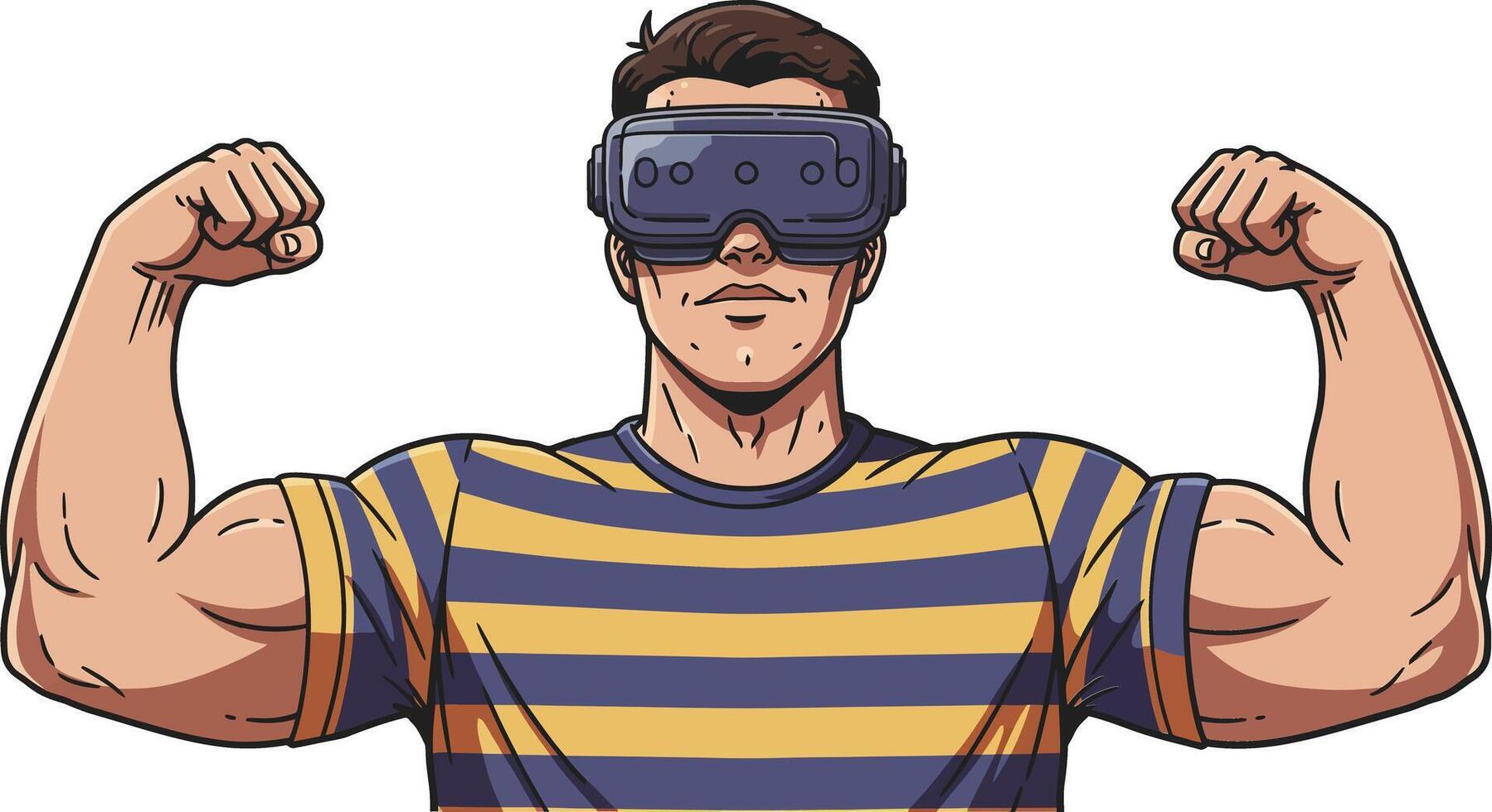 Muscular man wearing virtual reality headset showing strength in striped shirt digital illustration vector