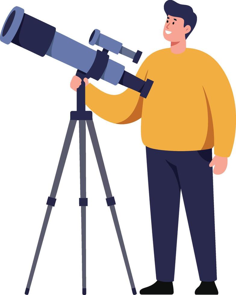 Man Using Telescope for Stargazing Outdoors in Casual Clothes with Yellow Sweater and Blue Pants vector