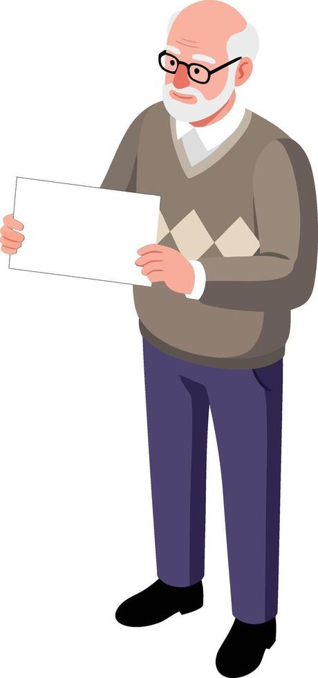 Elderly man with white beard holding blank paper wearing glasses and casual sweater standing isolated white background vector