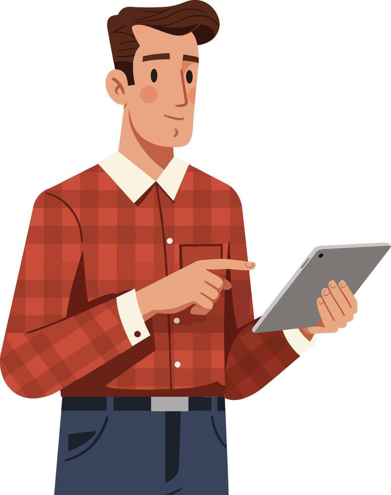 Man in red checkered shirt using tablet digital device modern lifestyle technology illustration vector