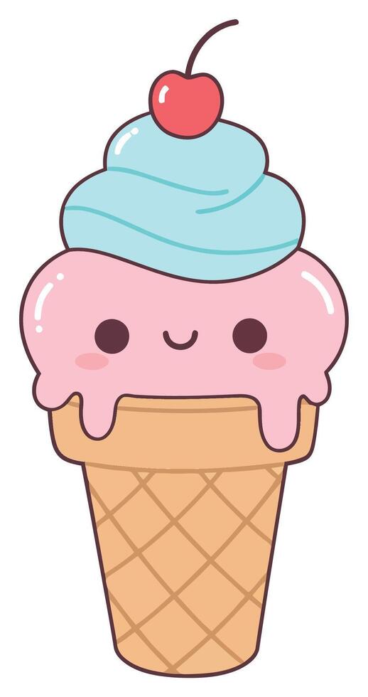 Cute kawaii ice cream cone with smiling face pink and blue scoop cherry on top cartoon dessert illustration vector