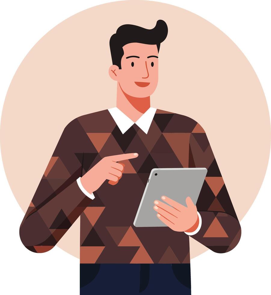 Young man using tablet device wearing geometric patterned sweater with white collar on pastel background digital lifestyle illustration vector