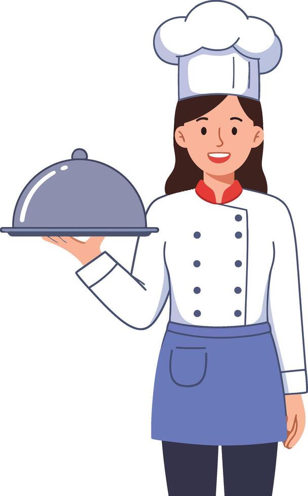 Female chef holding serving tray with cloche in kitchen uniform and hat illustration vector