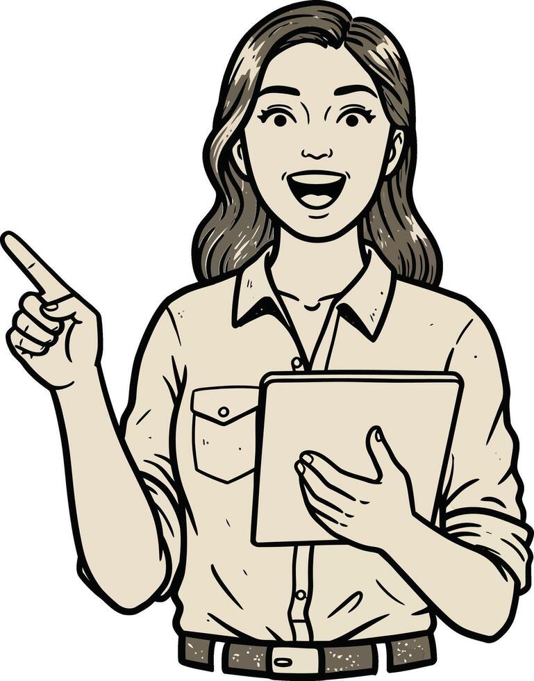 Woman holding tablet and pointing finger illustration in retro style with happy expression and casual shirt outfit vector