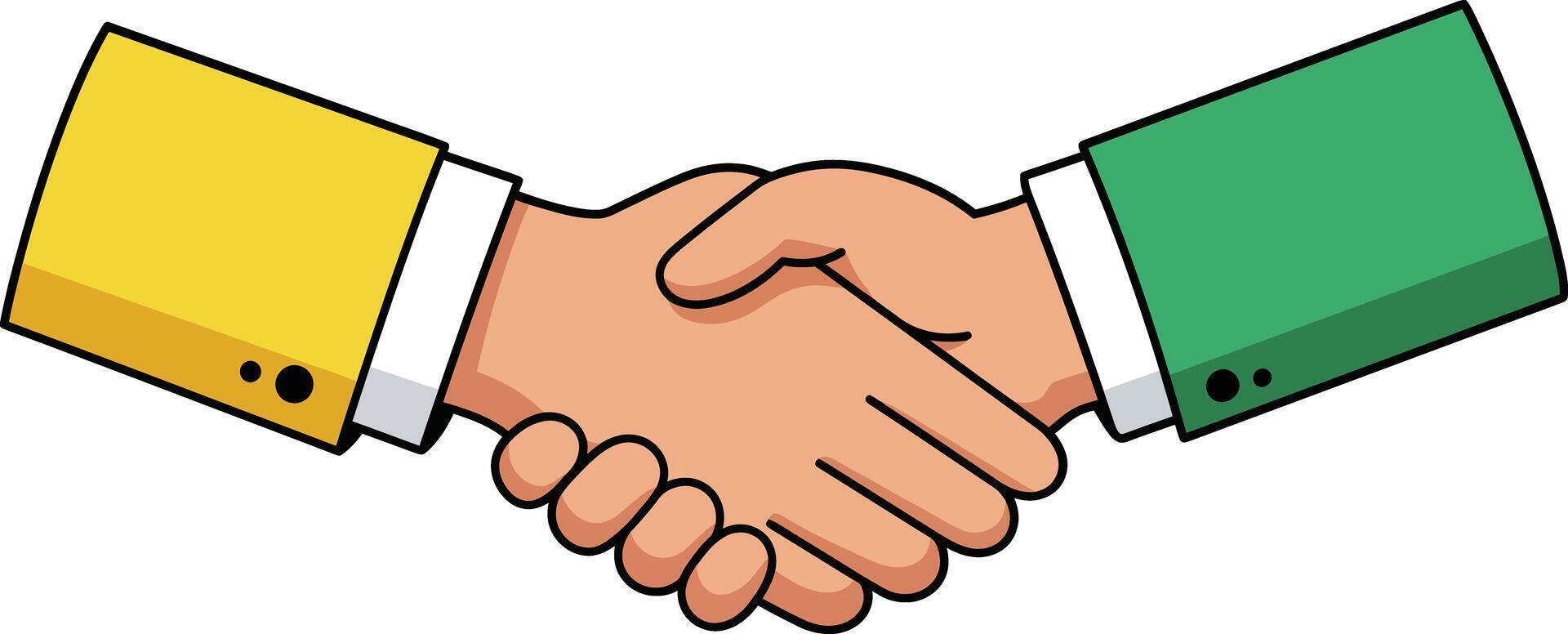 Handshake agreement symbolizing partnership and cooperation with yellow and green sleeves in simple style vector