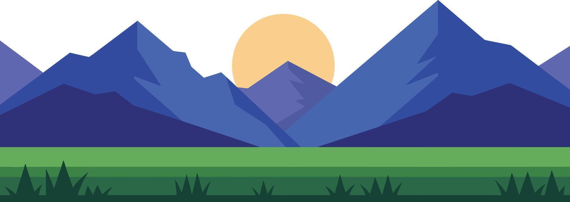Mountain landscape with sunset behind blue peaks and green grass field natural scenery illustration vector