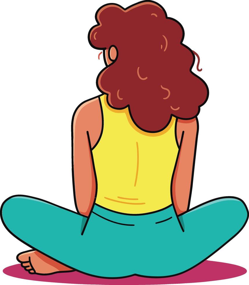 Woman with curly hair sitting cross-legged wearing yellow top and teal pants in relaxed pose vector