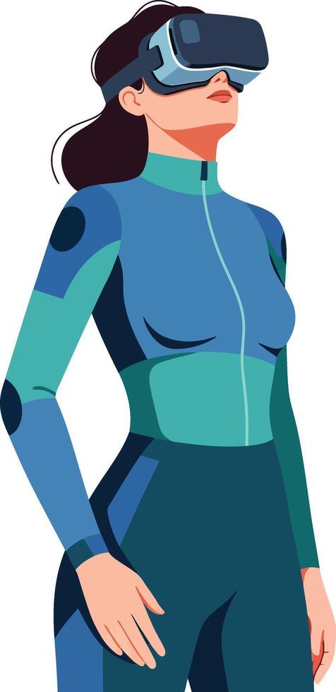 Woman in futuristic suit using virtual reality headset for immersive digital experience technology vector