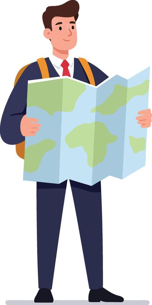 Man holding map exploring new destinations for travel and adventure planning in casual business attire vector