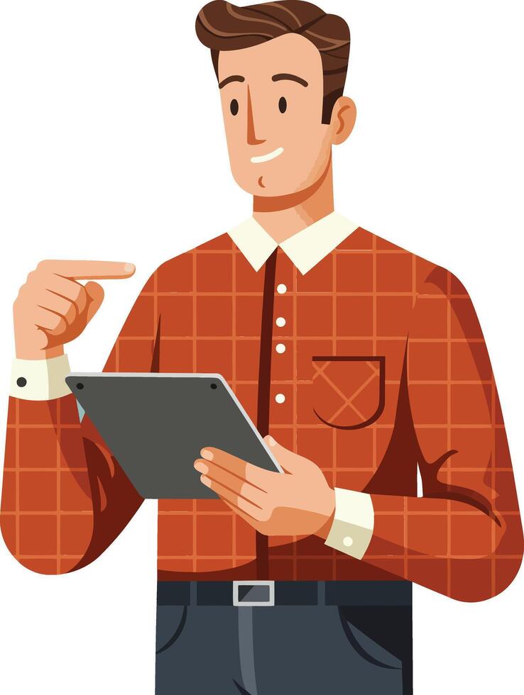 Young man using digital tablet pointing finger while standing in casual shirt illustration vector