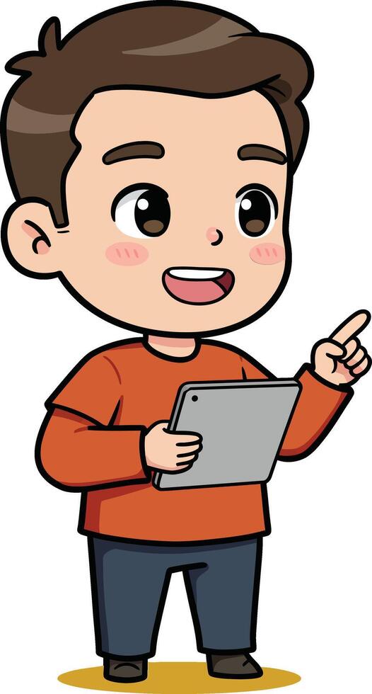 Cartoon boy holding tablet and pointing finger with excited expression on yellow background illustration vector