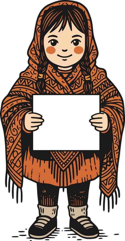 Young girl in patterned brown shawl holding blank sign smiling friendly illustration vector