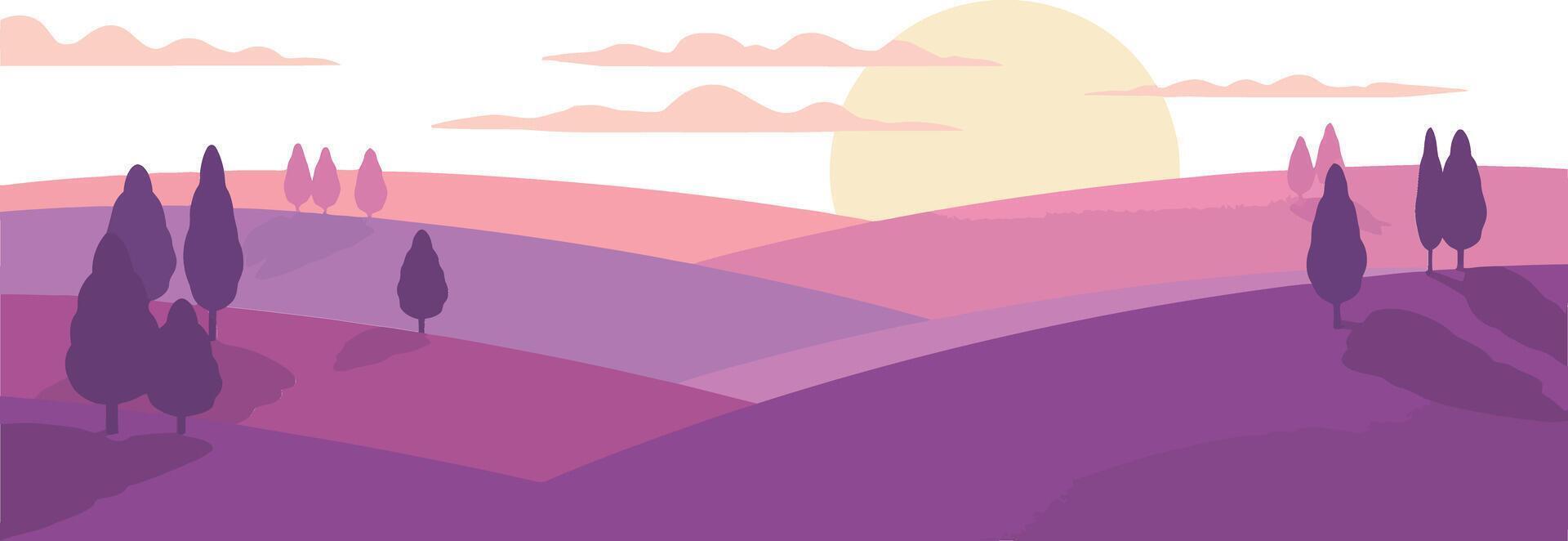 Purple sunset landscape with rolling hills and stylized trees under soft pastel sky and sun vector