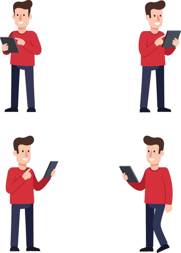 Man Using Tablet Device in Various Poses with Red Sweater on Orange Background Illustration vector