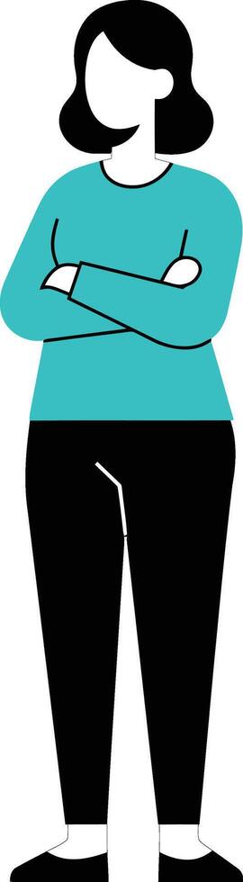 Woman standing with arms crossed wearing turquoise top and black pants minimal illustration vector
