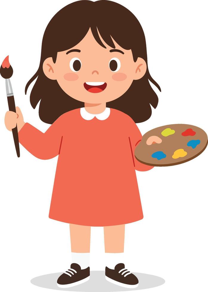 Little girl painting with brush and colorful palette in orange dress creative art activity for children vector
