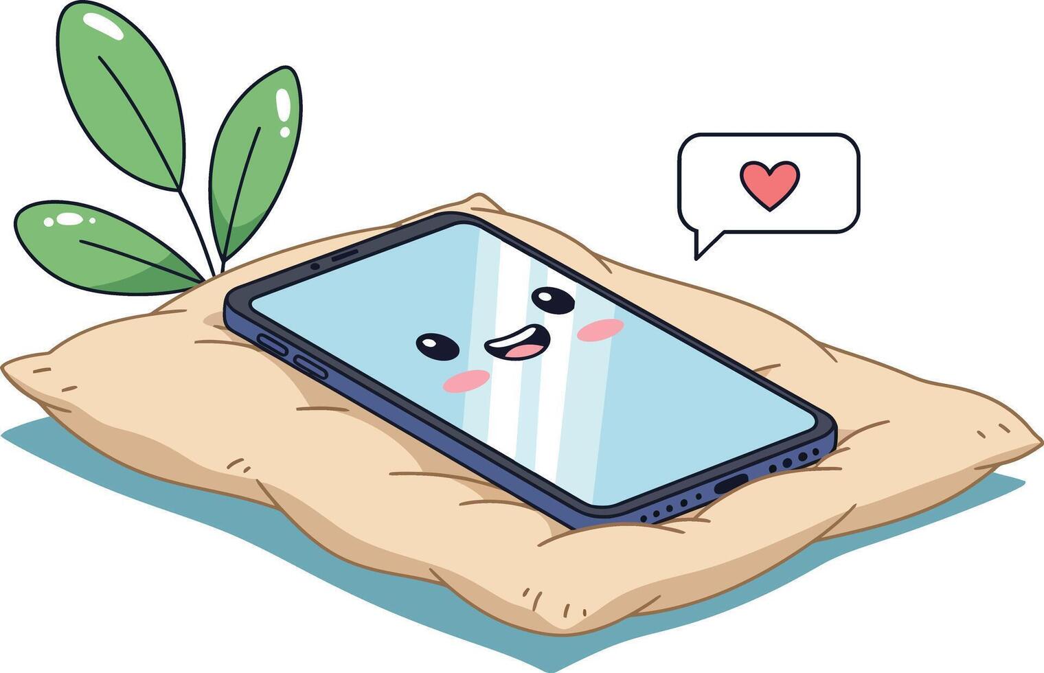Cute smartphone with happy face lying on pillow showing love heart symbol digital communication concept vector
