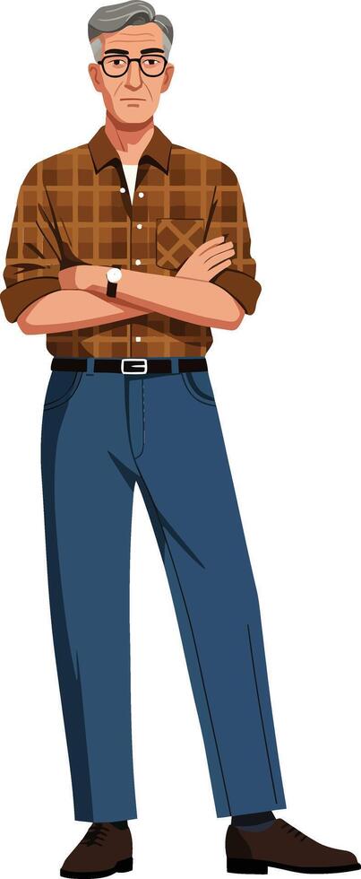 Middle aged man with glasses wearing brown checkered shirt and blue pants standing confidently with arms crossed vector